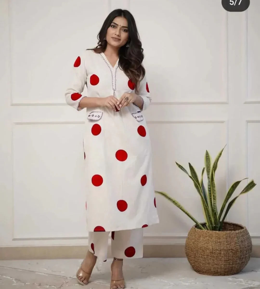 White Red Polka Dot Kurti Pant Set