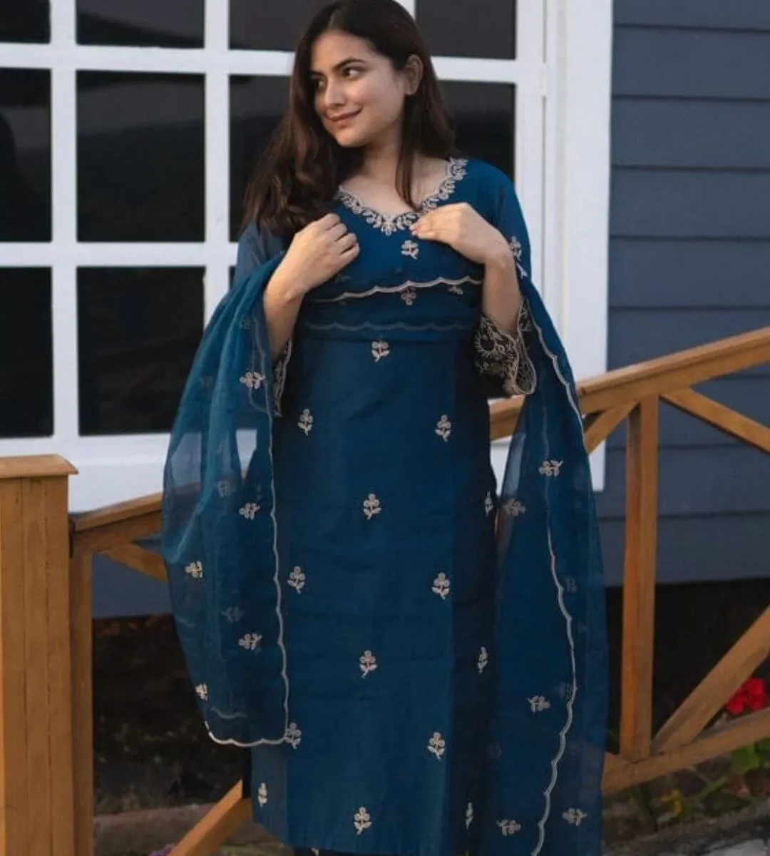 Chanderi Silk Blue Palazzo Kurti​ With Dupatta