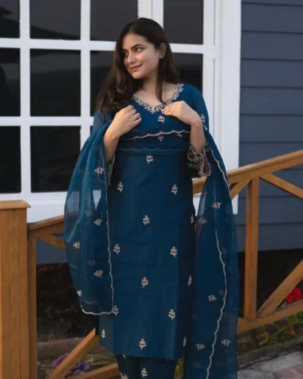 Chanderi Silk Blue Palazzo Kurti​ With Dupatta