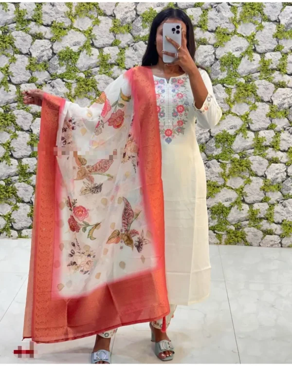 Floral White Roman Silk Suit Set