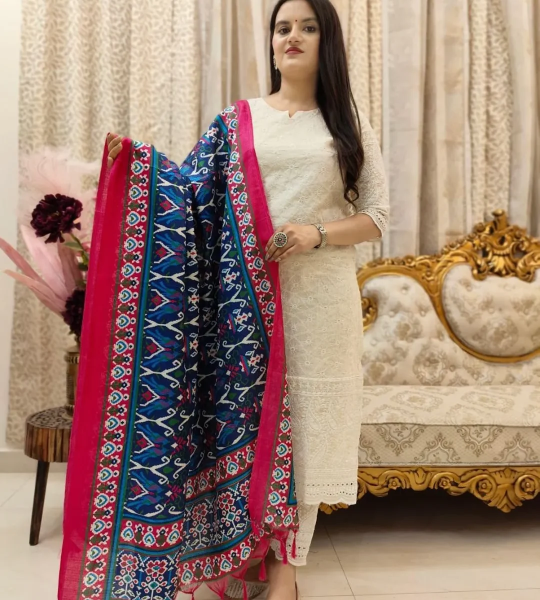 White Suit With Blue Dupatta ​