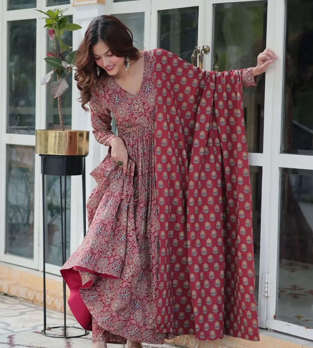 Printed Pure Cotton Anarkali Suit Set