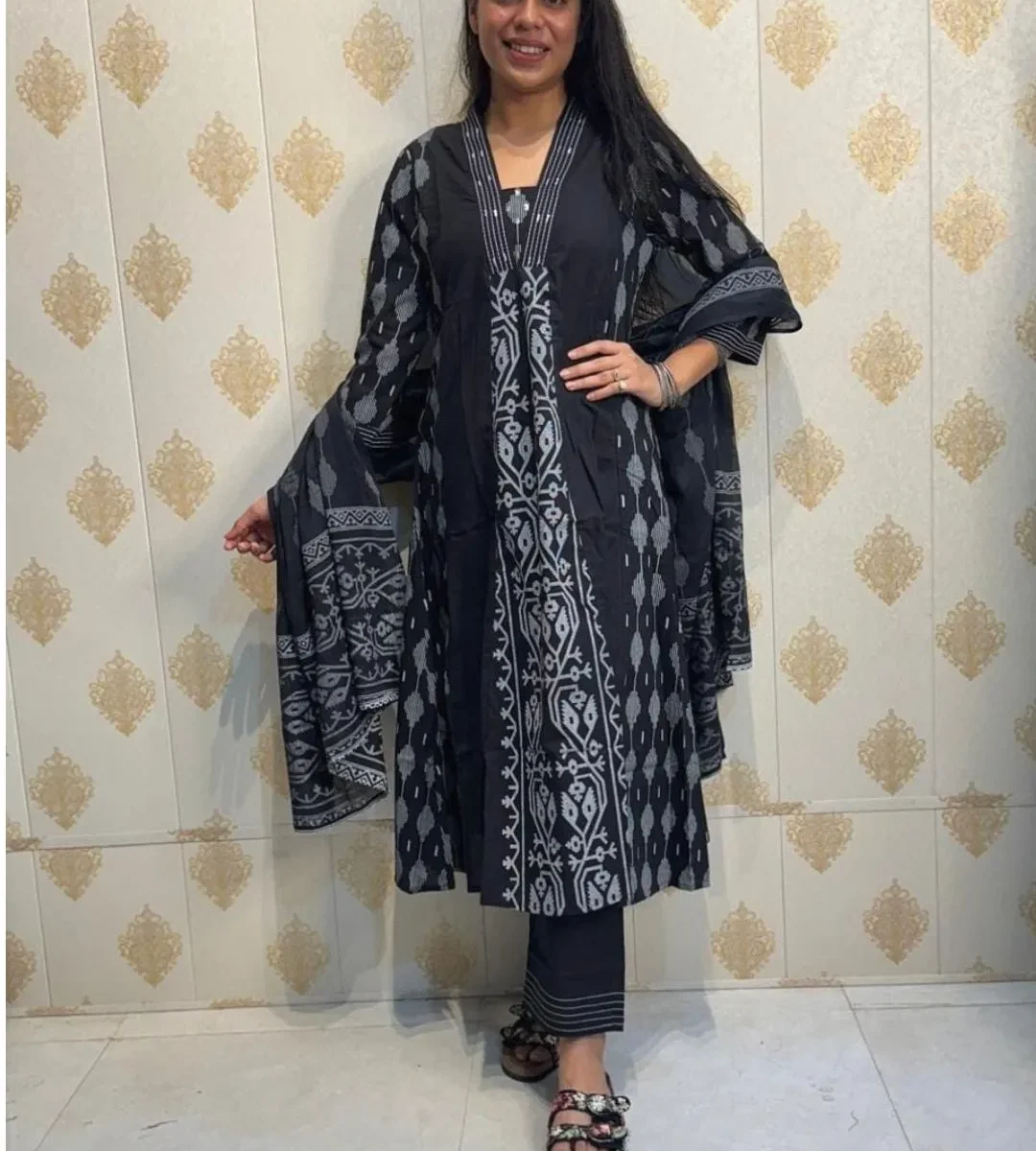 Printed Black And White Cotton Suit Set