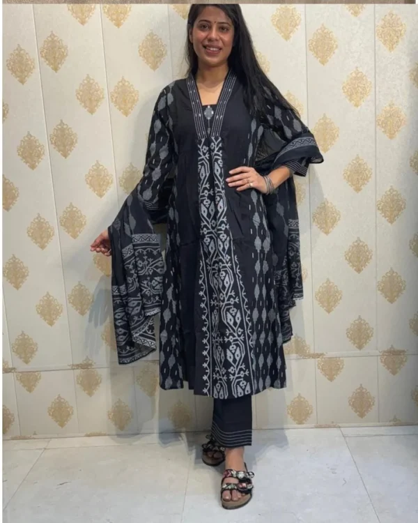 Printed Black And White Cotton Suit Set