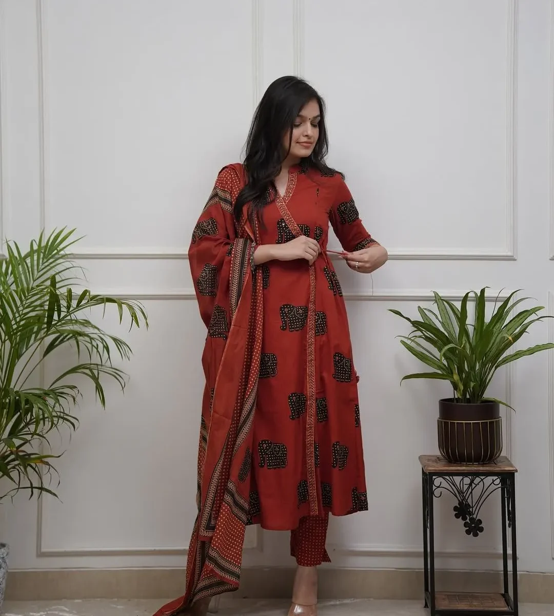 Rust Red Color Cotton Suit Set