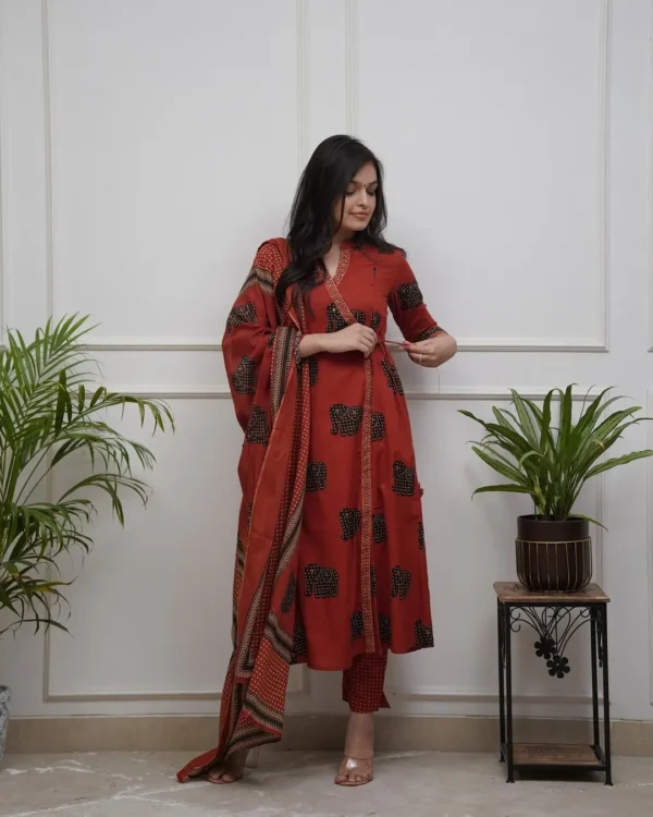 Rust Red Color Cotton Suit Set