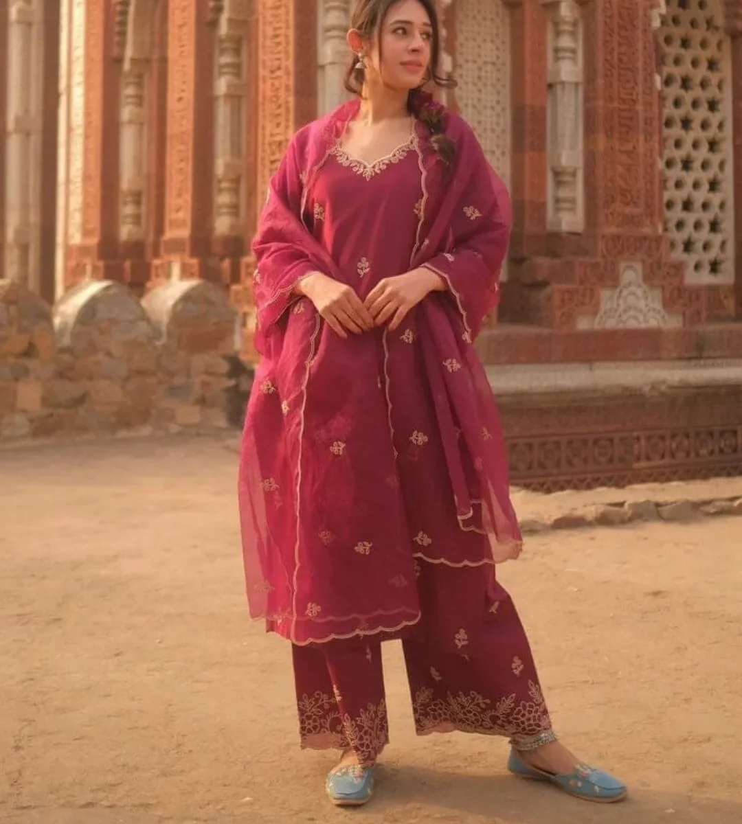 Chanderi Silk Maroon Palazzo Kurti​ With Dupatta