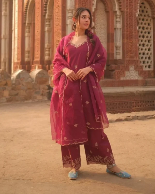 Chanderi Silk Maroon Palazzo Kurti​ With Dupatta