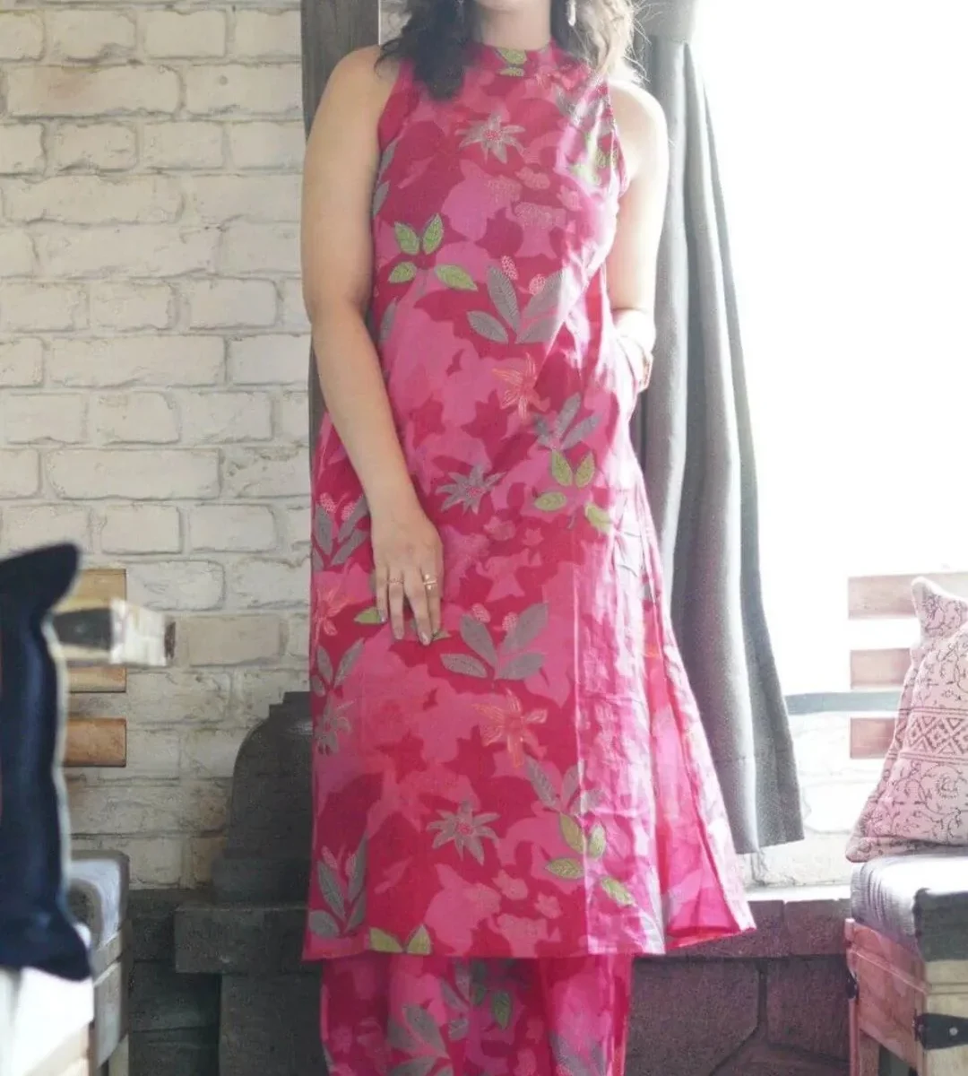 Cotton Pink Sleeveless Kurti Palazzo Set​