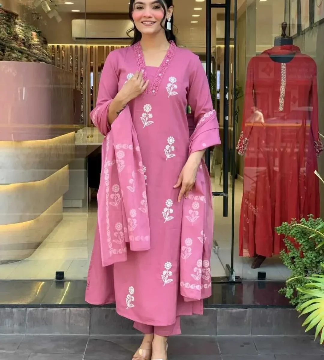 Floral Printed Pink Cotton Suit Set​
