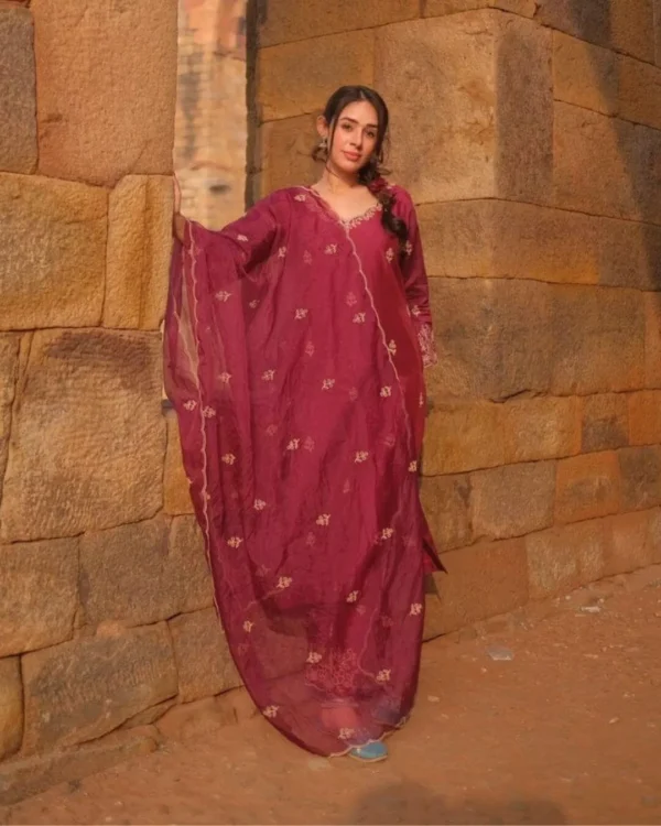Chanderi Silk Maroon Palazzo Kurti​ With Dupatta