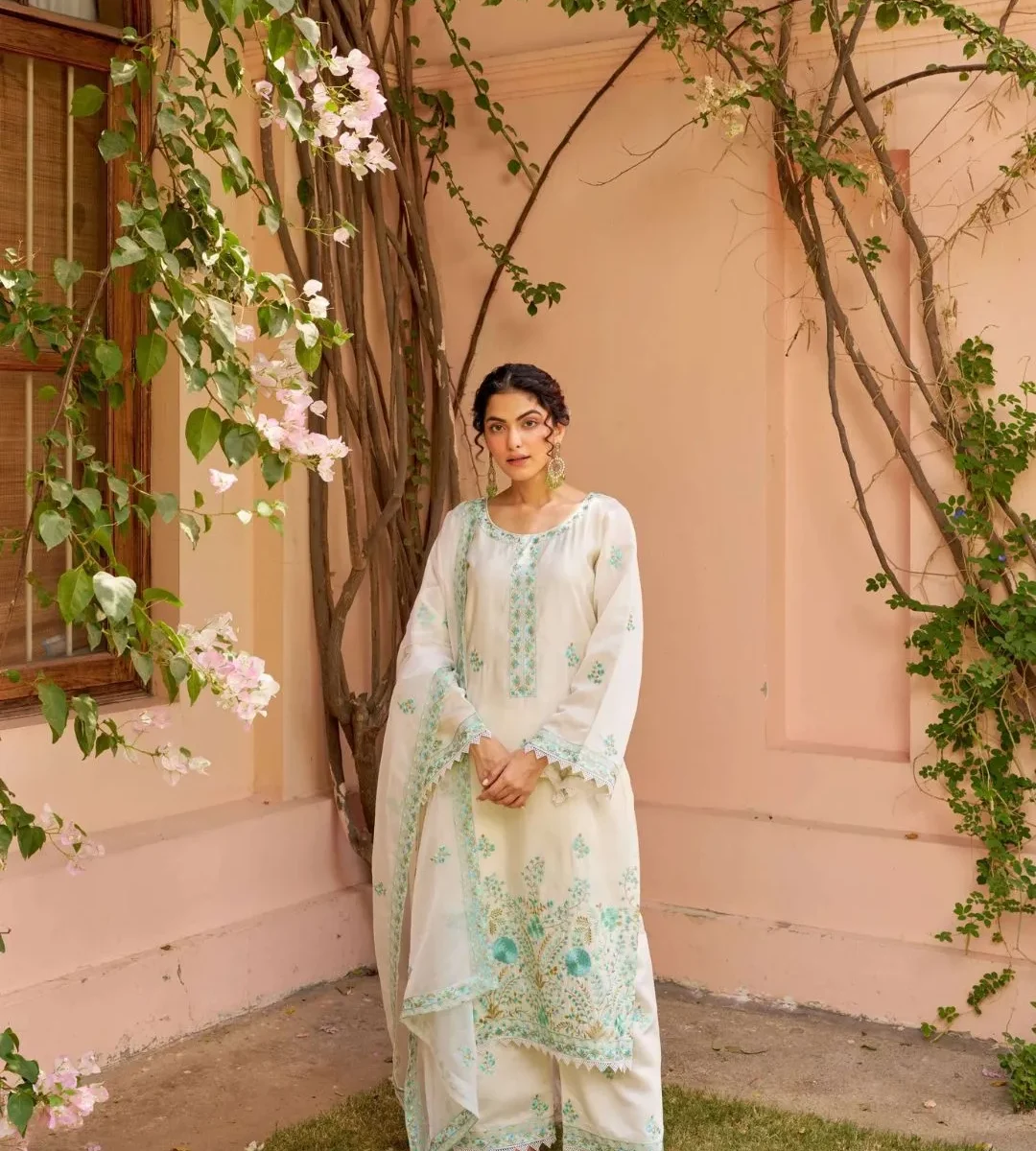 Party Wear White Chanderi Silk Suit Set