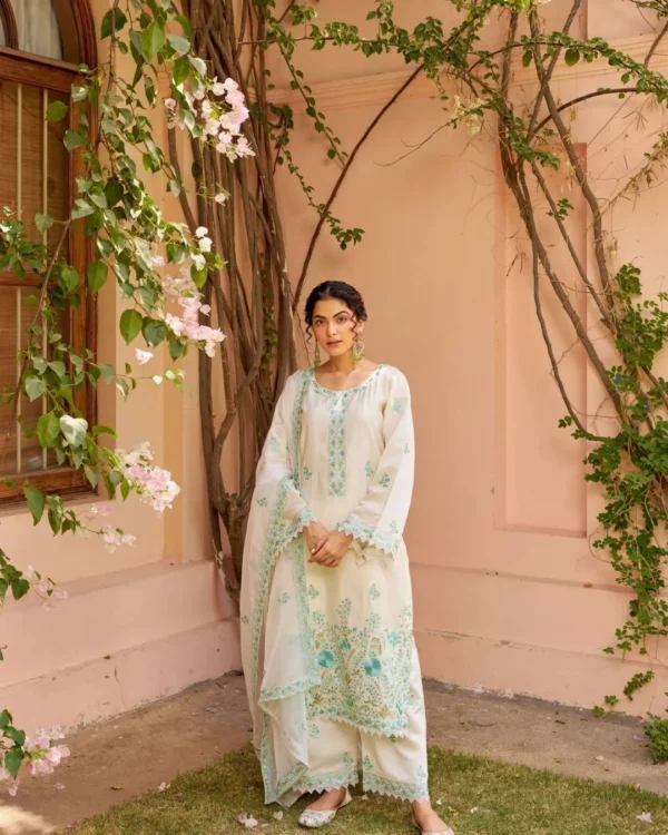 Party Wear White Chanderi Silk Suit Set