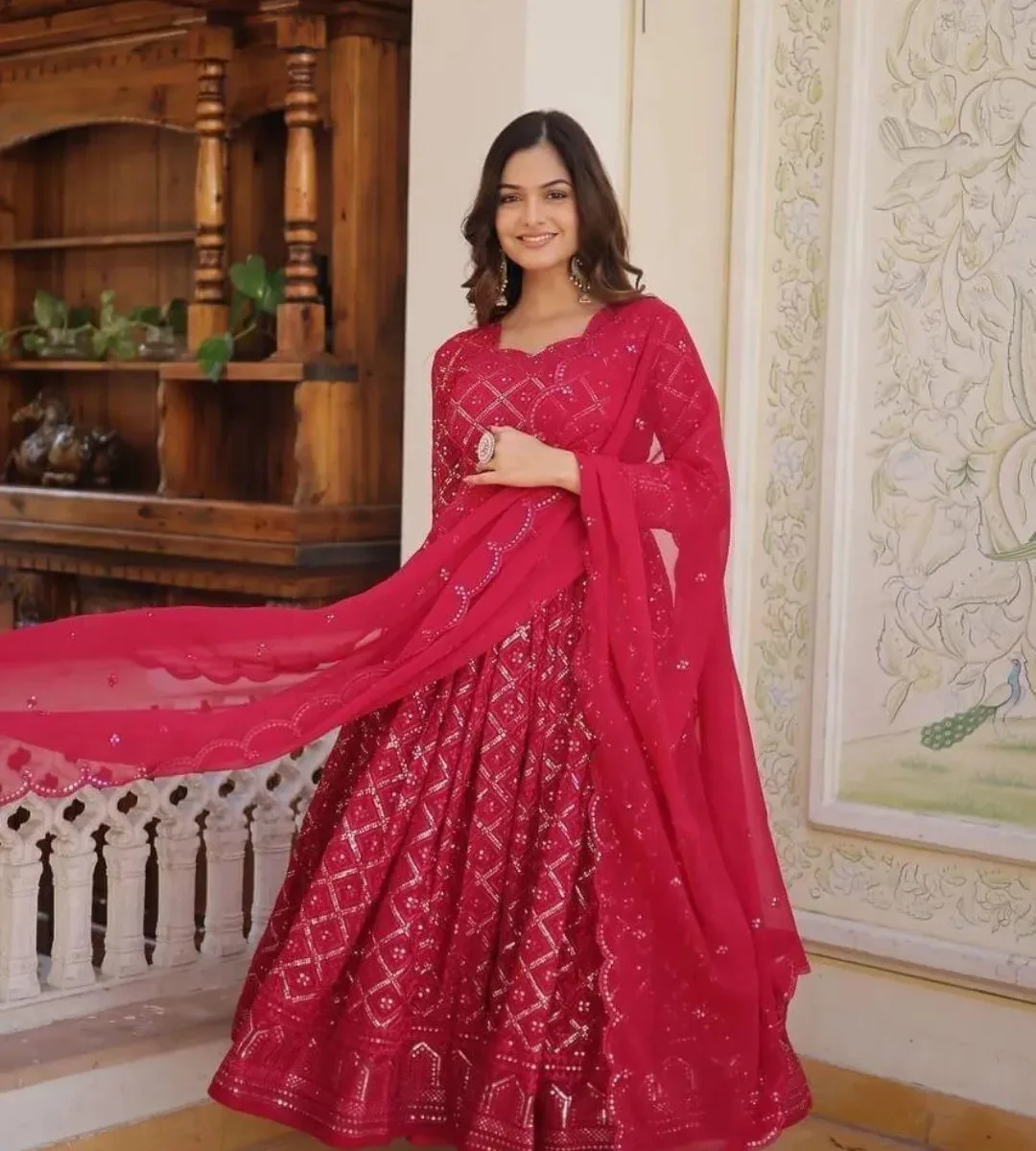 Red Anarkali Gown With Dupatta