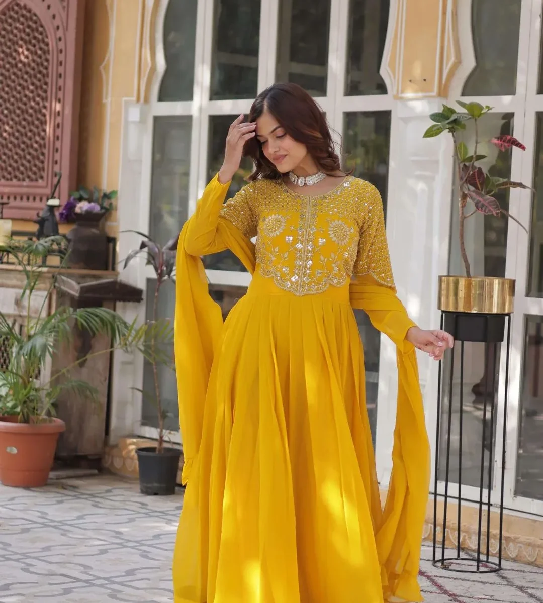 Yellow Party Wear Anarkali Gown Suit Set