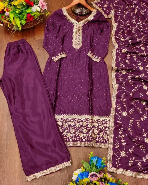 Purple Party wear Chinon Suit Set