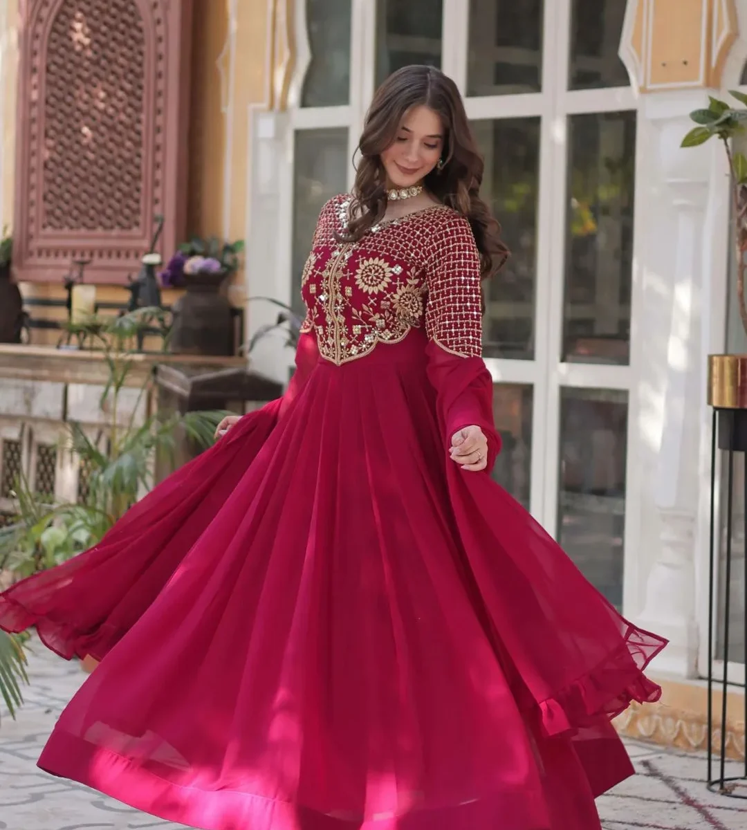 Red Party Wear Anarkali Gown Suit Set