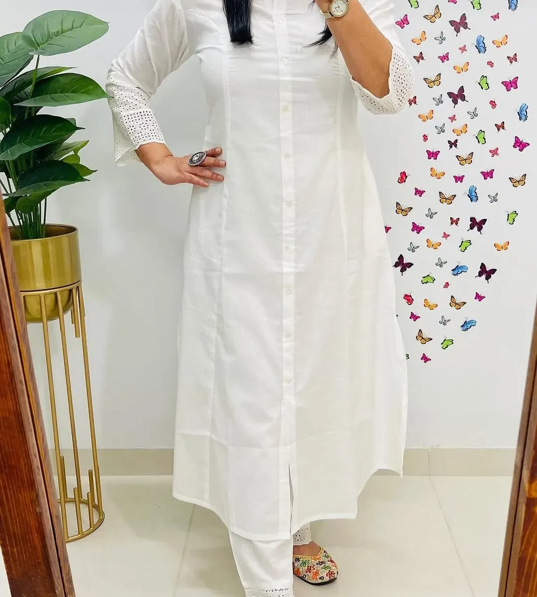 White Color Cotton Office Wear Kurti Set