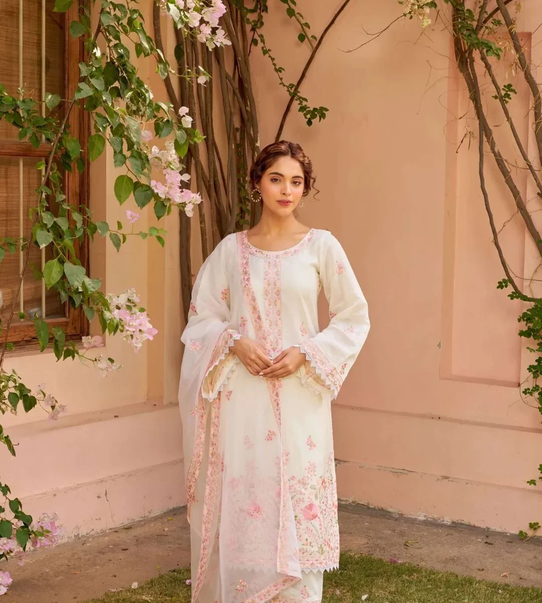 Chanderi Silk White Pink Suit Set
