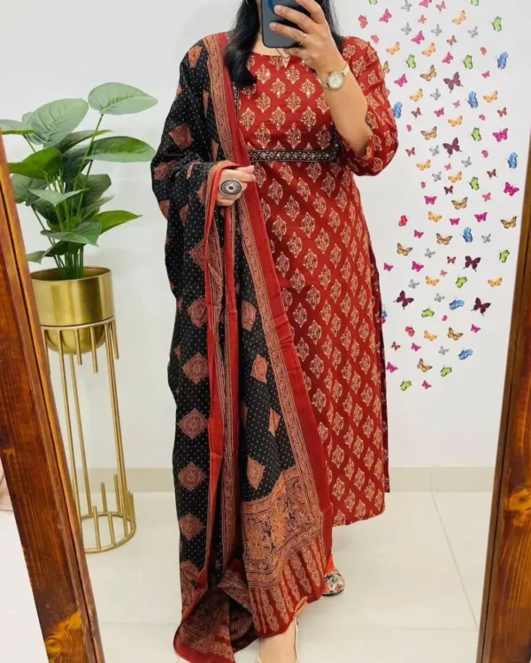 Anarkali Cotton Ajrakh Printed Suit Set