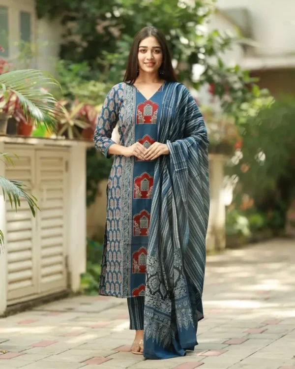 Cotton Ajrakh Printed Anarkali Suit Set​