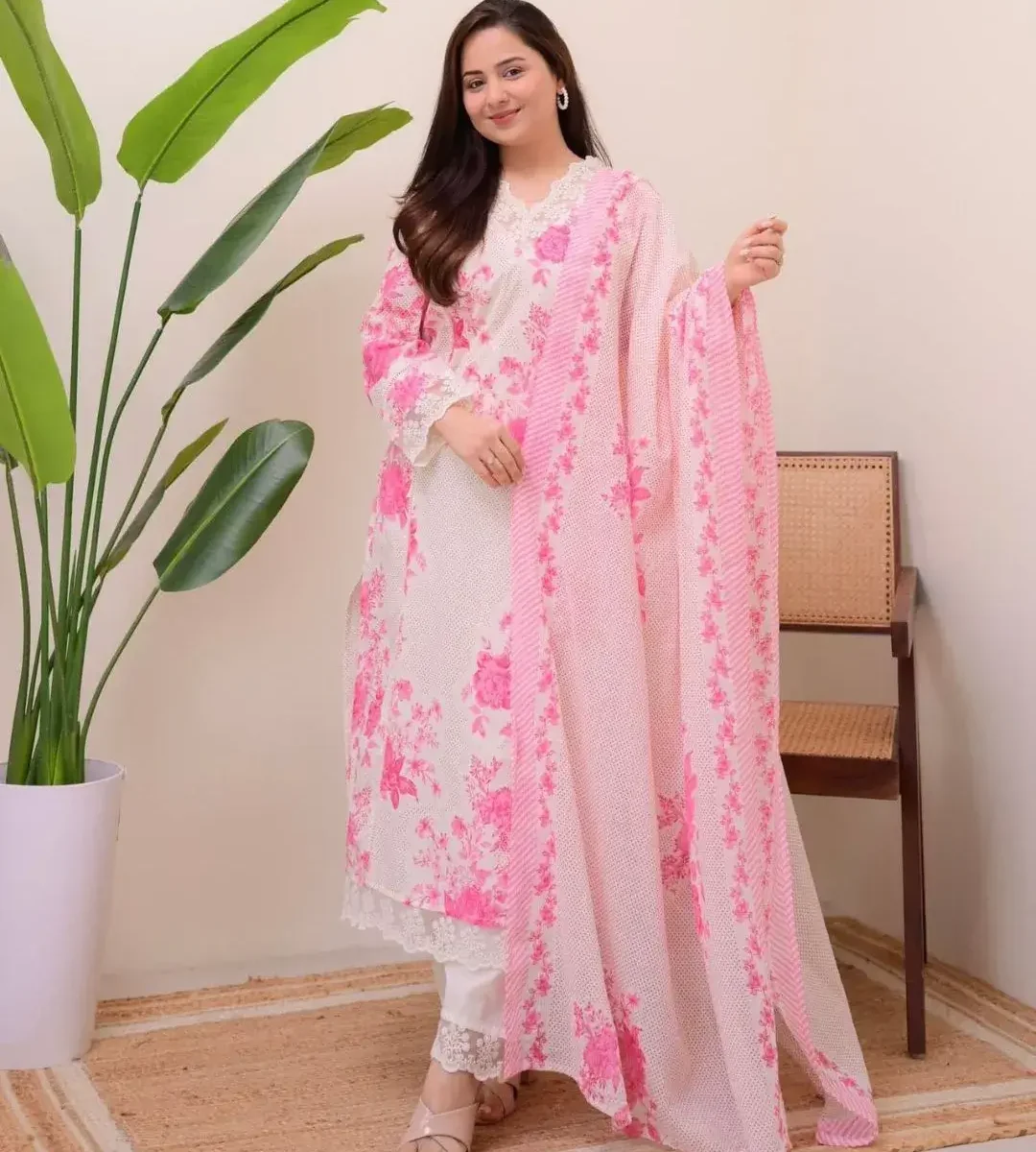 Cotton Floral Print Kurti Pant Dupatta Set