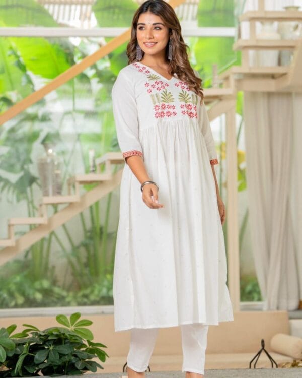Cotton Printed White Kurti Pant Set