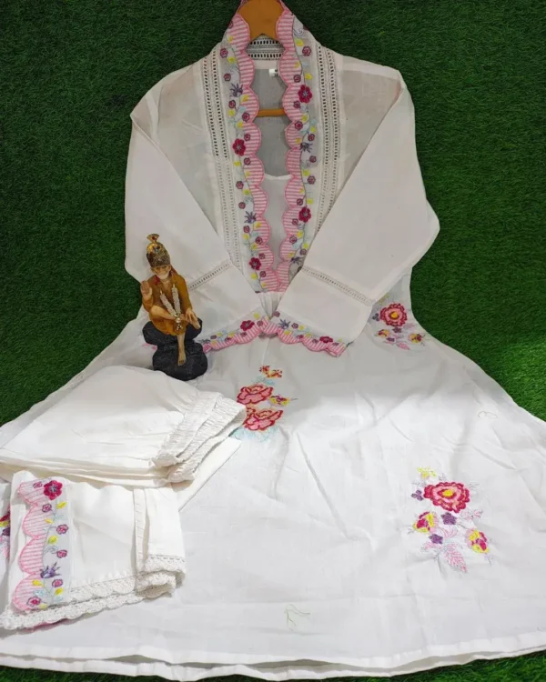 Cotton White Color Combination Kurti Pant Set 1