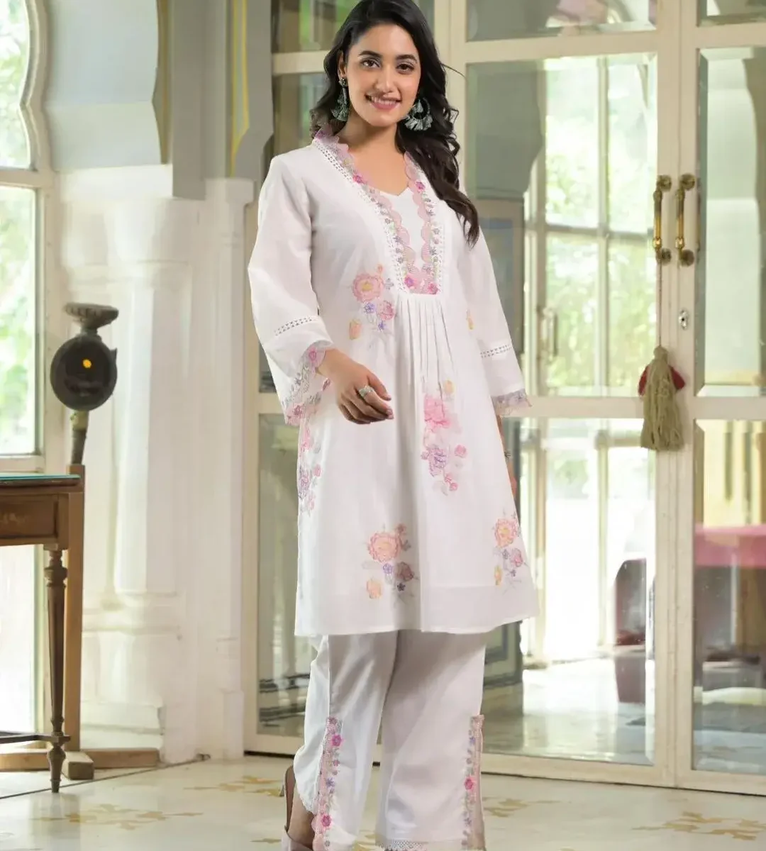Cotton White Color Combination Kurti Pant Set