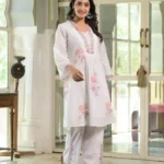 Cotton White Color Combination Kurti Pant Set