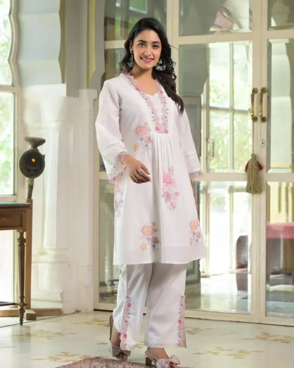 Cotton White Color Combination Kurti Pant Set