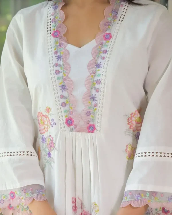 Cotton White Color Combination Kurti Pant Set Front