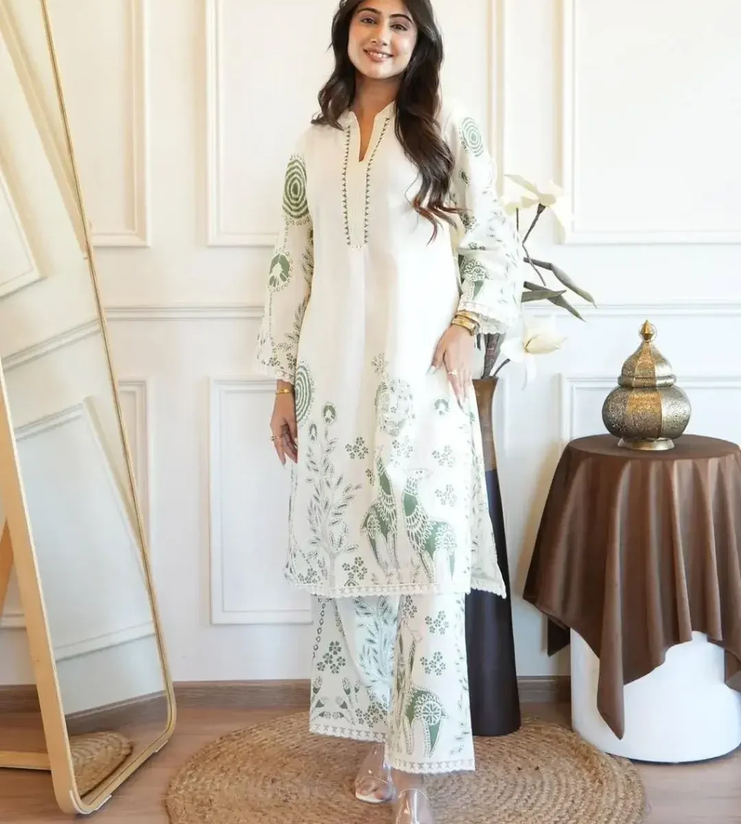 Cotton White Color Kurti Palazzo Set