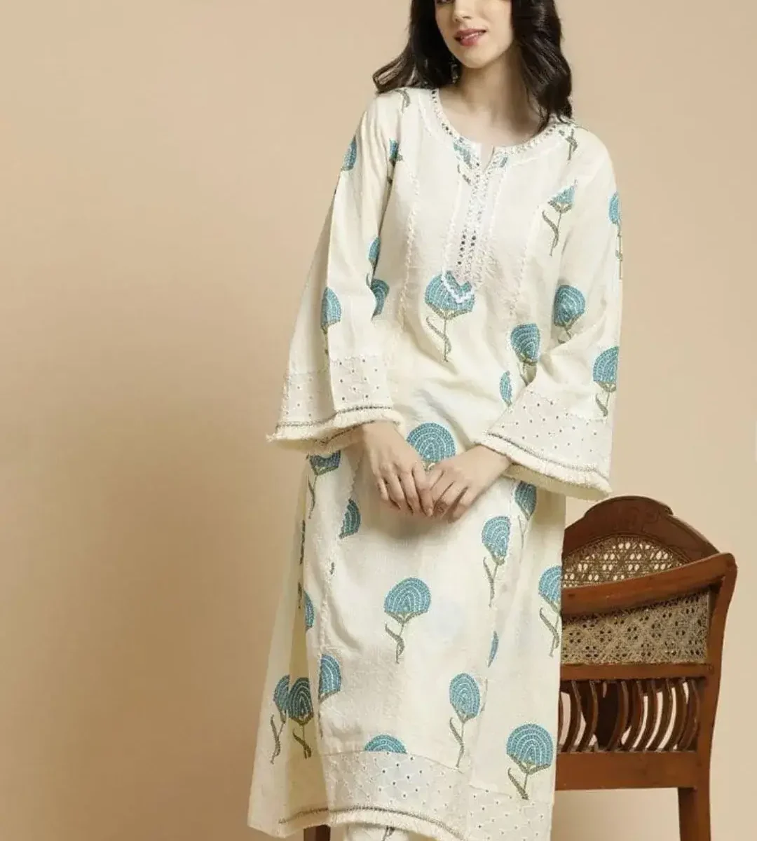 Cotton White Floral Kurti Pant Set 1