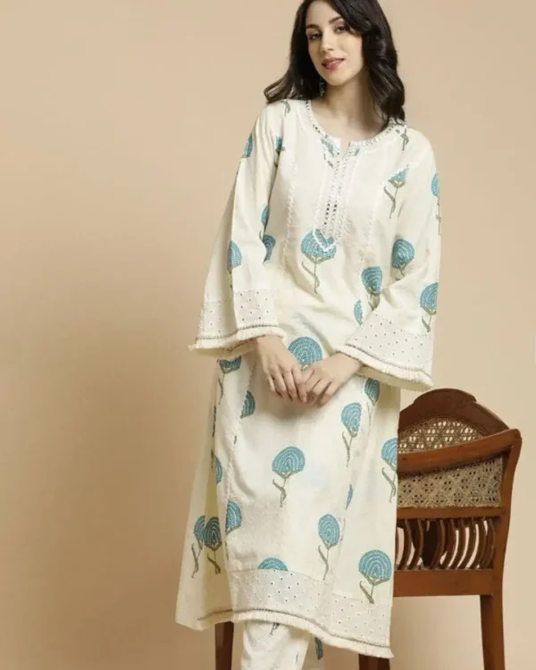 Cotton White Floral Kurti Pant Set 1