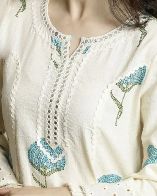 Cotton White Floral Kurti Pant Set