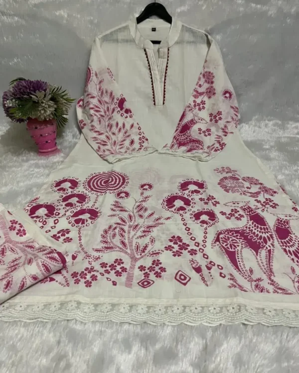 Cotton White Floral Printed Kurti Pant Set 1