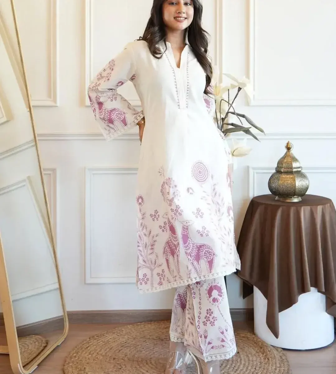 Cotton White Floral Printed Kurti Pant Set