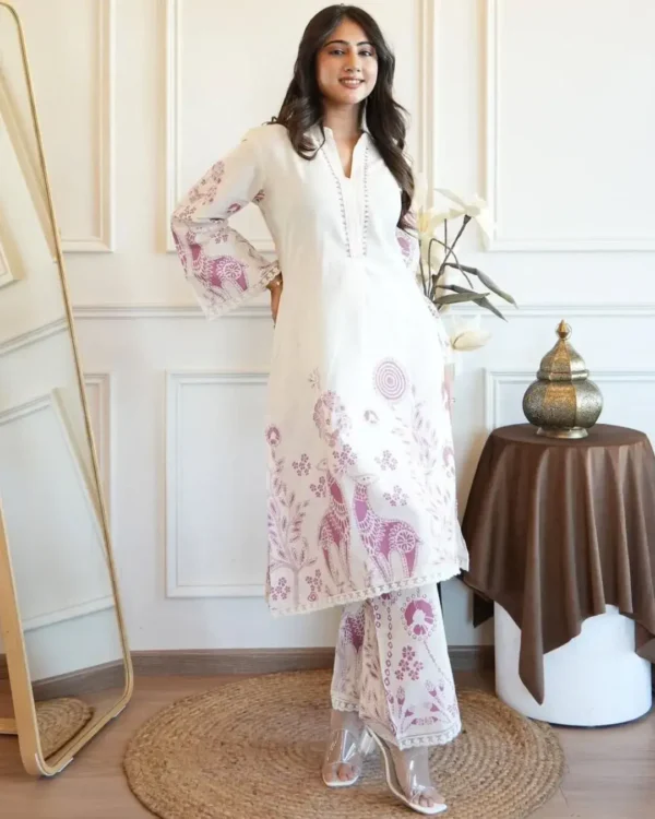 Cotton White Floral Printed Kurti Pant Set