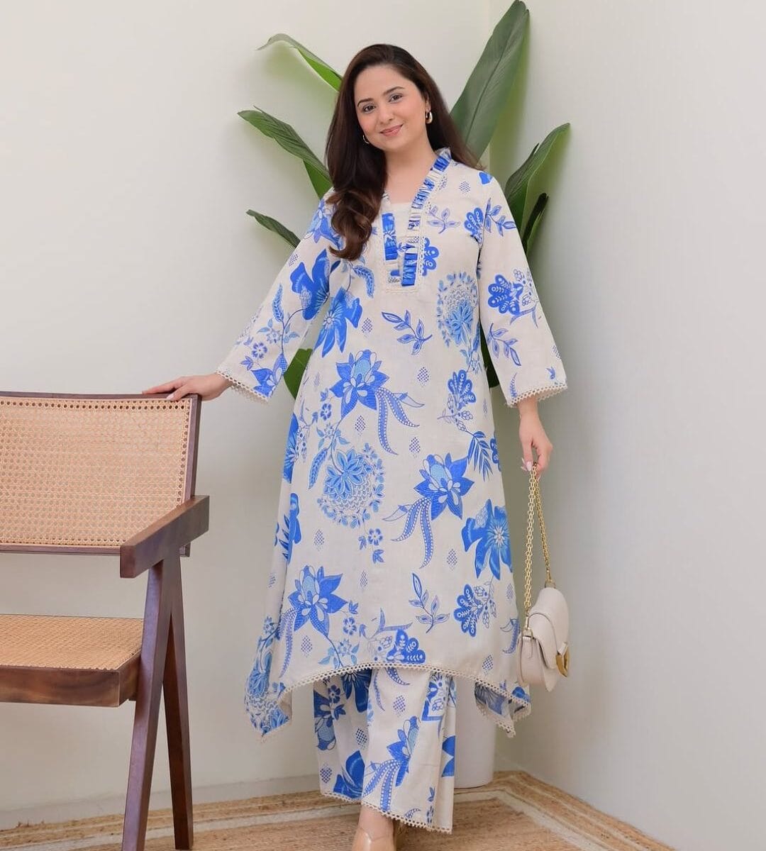 Cotton White Office Wear Kurti Pant Set