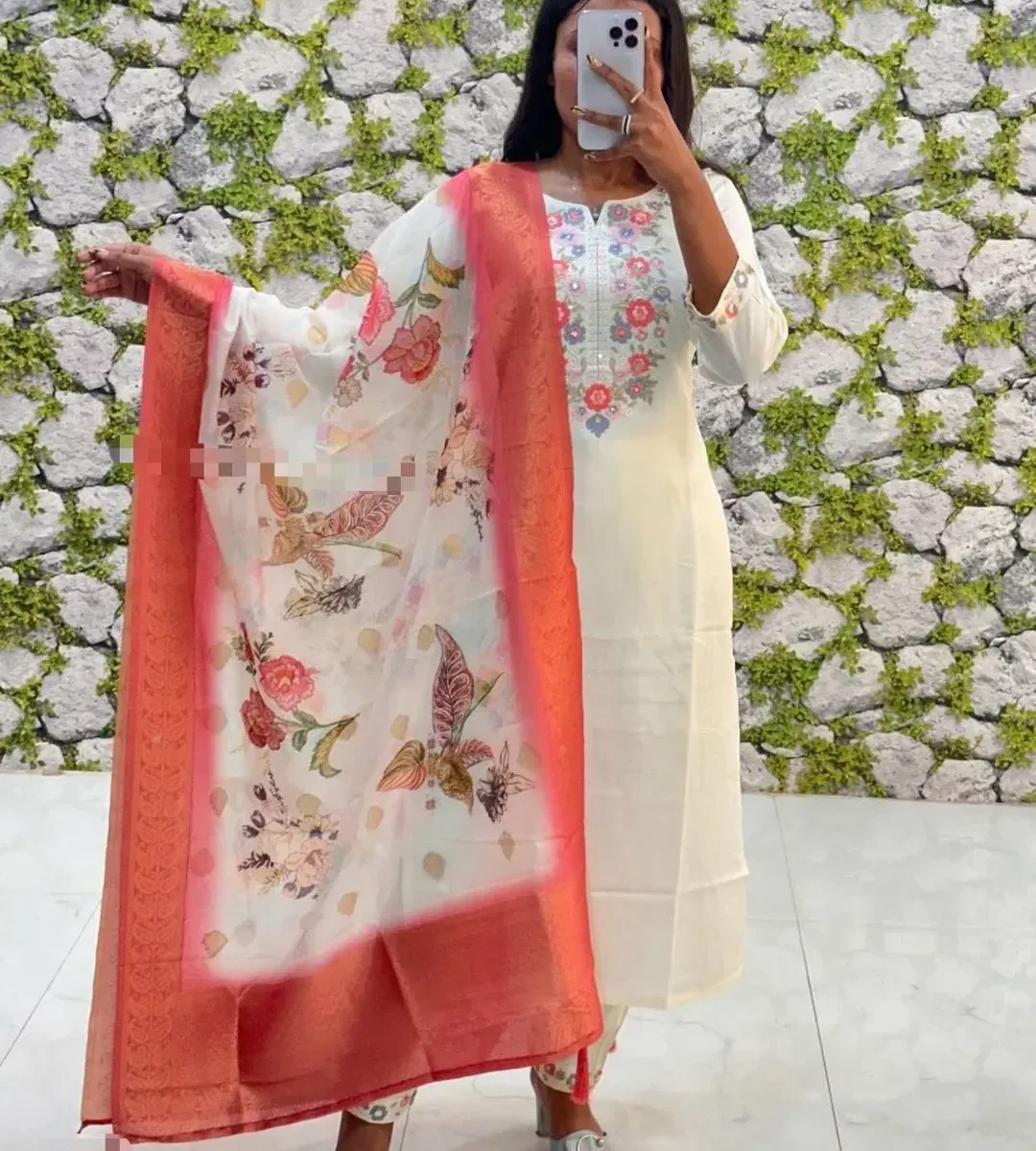 Floral White Roman Silk Suit Set