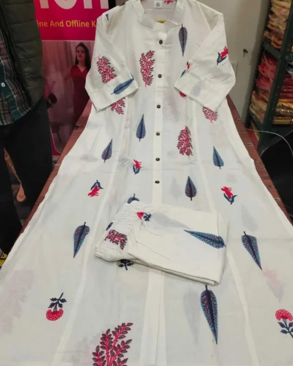 Cotton White Color Combination Kurti Pant Set