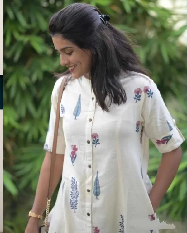 Cotton White Color Combination Kurti Pant Set