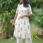 Cotton White Color Combination Kurti Pant Set