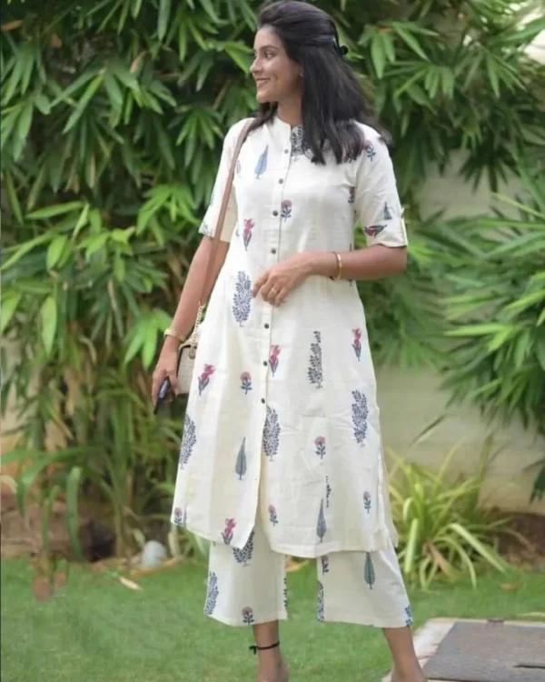 Cotton White Color Combination Kurti Pant Set