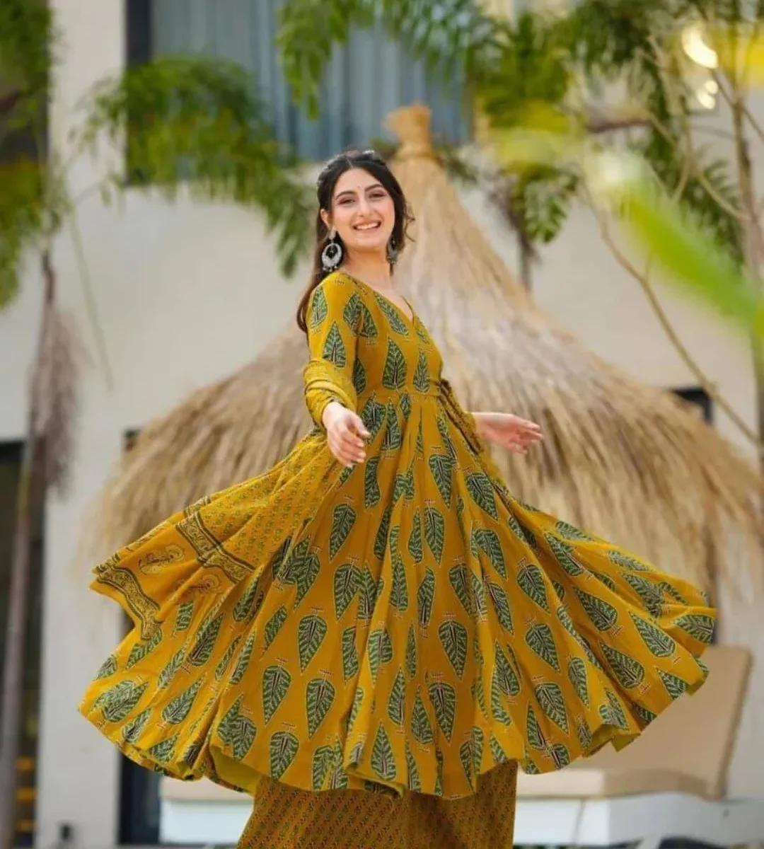 Printed Cotton Yellow Kurti Pant Dupatta Set
