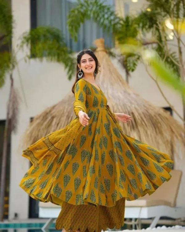 Printed Cotton Yellow Kurti Pant Dupatta Set