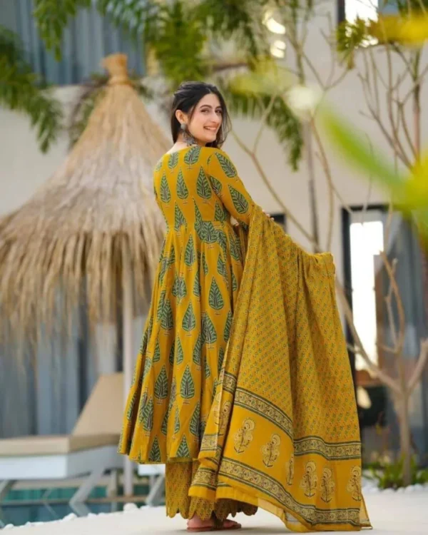 Printed Cotton Yellow Kurti Pant Dupatta Set