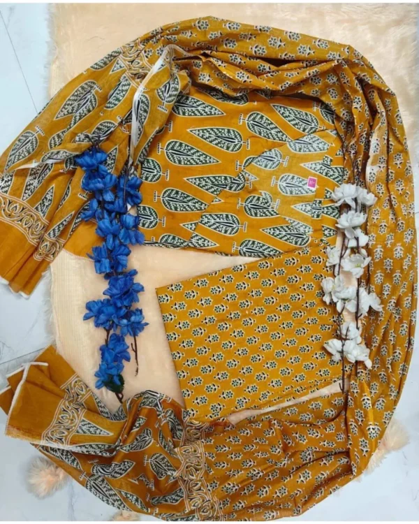 Printed Cotton Yellow Kurti Pant Dupatta Set