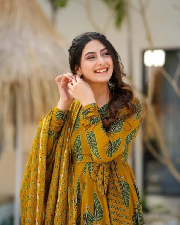 Printed Cotton Yellow Kurti Pant Dupatta Set